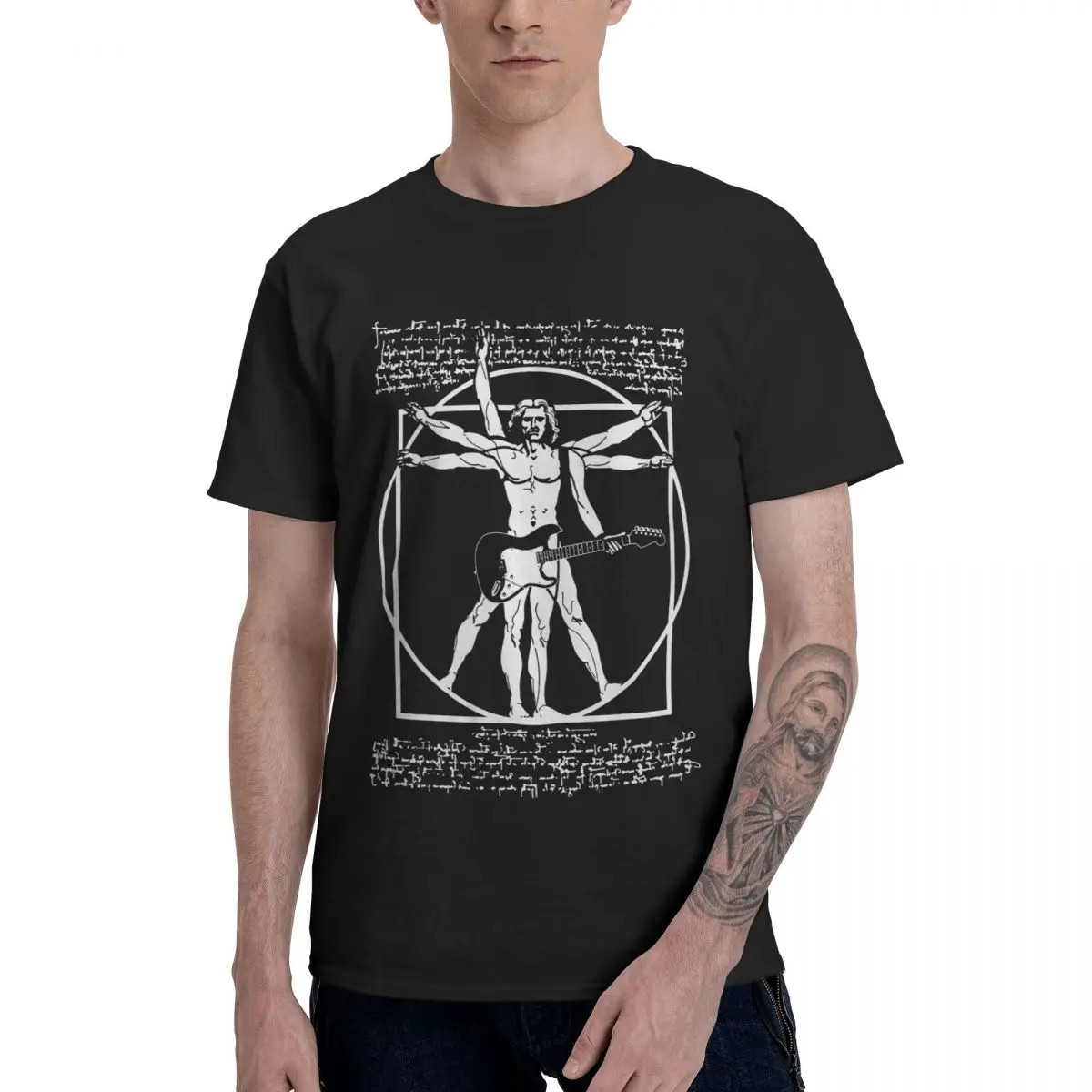 

VITRUVIAN MAN PLAYING THE GUITAR DA VINCI GUITARIST T-Shirts Pure Cotton Crewneck Male T Shirts Short Long Sleeve Casual Tee Top