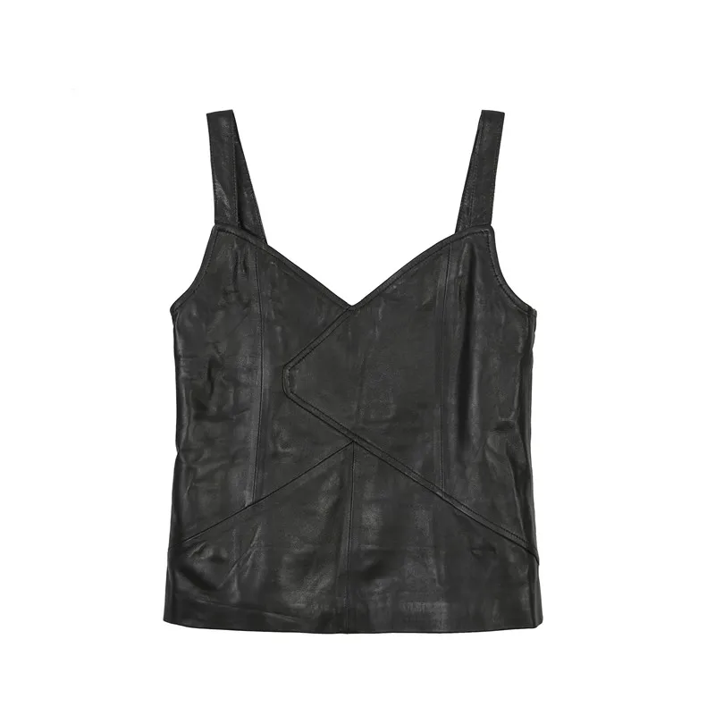 

Genuine 100% Sheepskin Leather Vest Women Straps Tops Ladies Casual Waistcoat Streetwear Sleeveless Outerwear New Designer Vests
