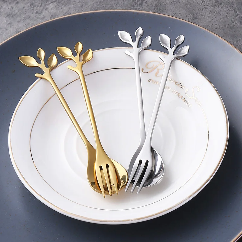 

Xmas Decoration Creative Stainless Steel Branch Leaves Spoon Fork Coffee Spoon New Year Gifts Kitchen Tableware Decoration Kerst