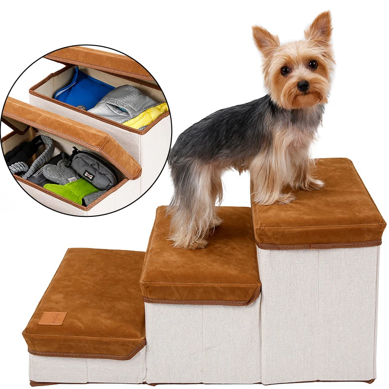 

Foldable Pet Stairs Dog Steps for Sofa Car Bed Cage Cat Ladder with 3 Storage Box Easy To Install