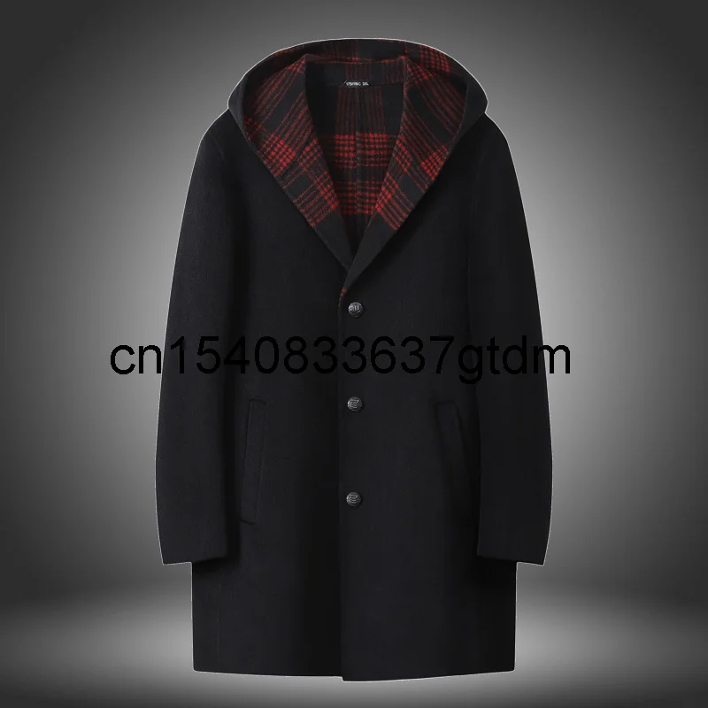 

Men's autumn and winter new hooded woolen coat fat plus size solid color leisure medium length windbreaker coat