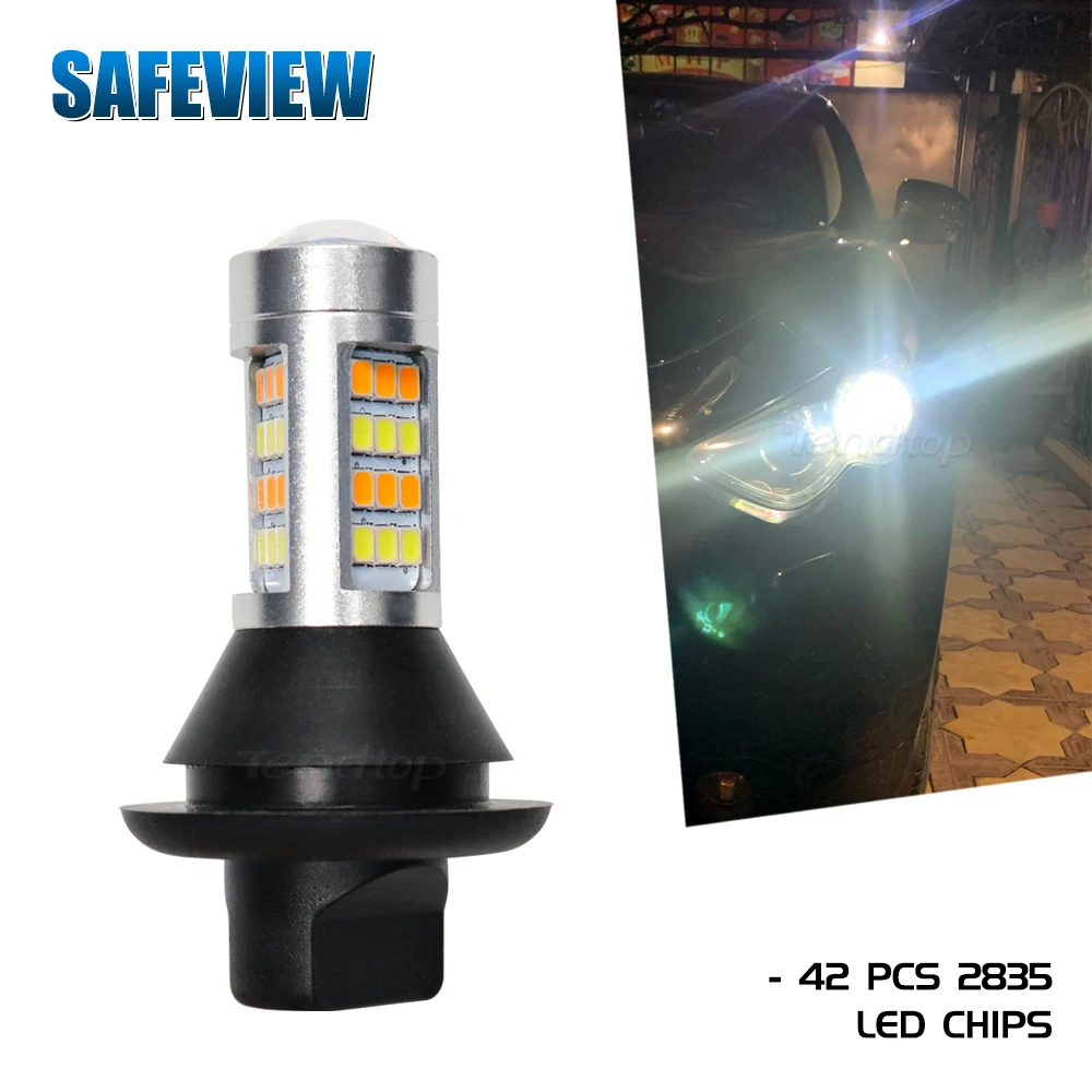 

2Pcs 2835 Led Light White/Amber 42 SMD Bulb 1156 BA15S 1156 BAU15S T20 7440 White Amber Resistors Car Turn Signal Dual Mode DRL