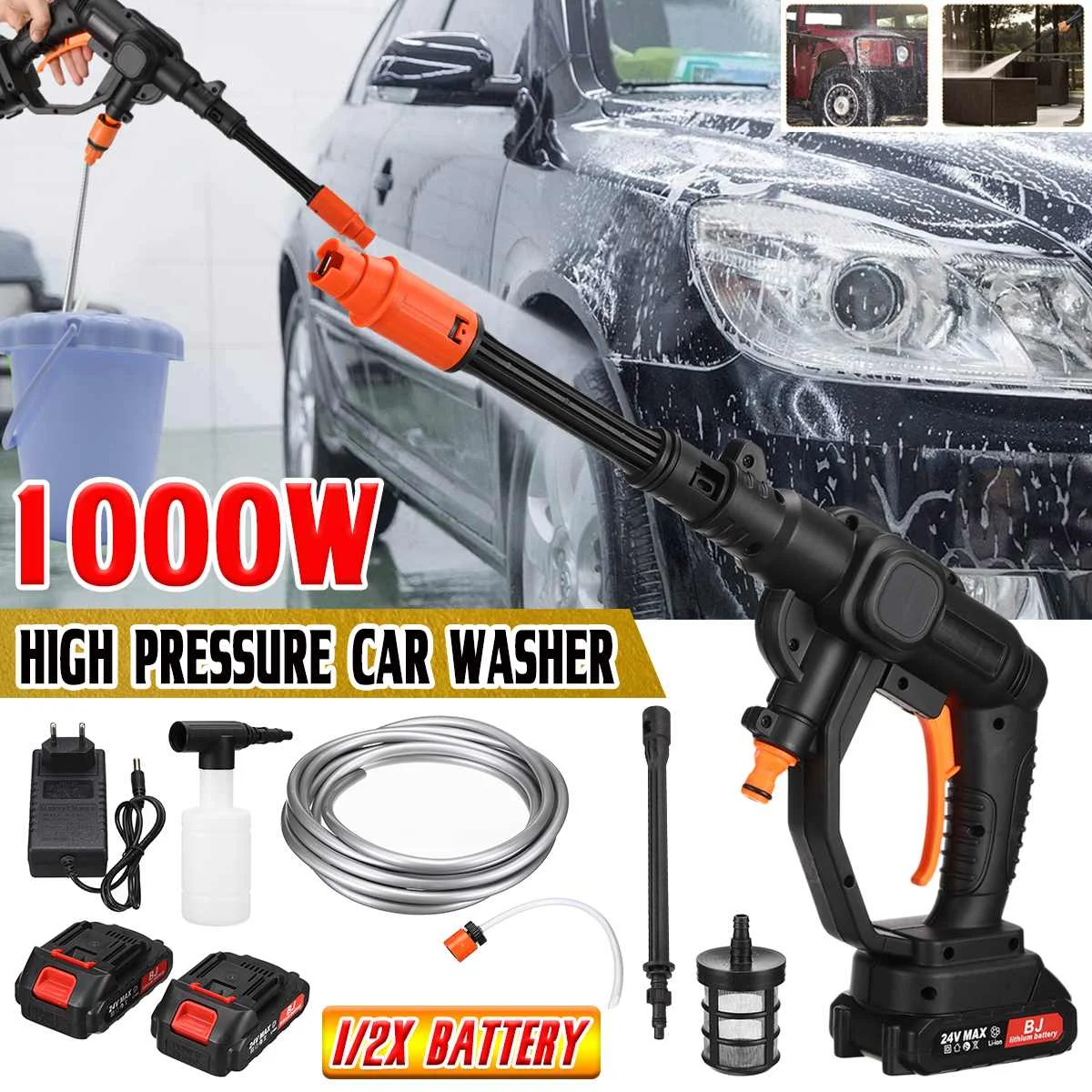 

1000W 24V Cordless High Pressure Car Washing Machine Parkside Car Washer Cleaner Foam Generator Portable Wash Spray Water Gun