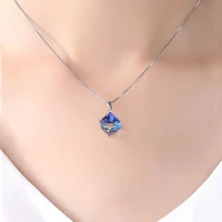 real 100 925 sterling silver chain crystal pendant necklace women choker inlaid shiny cube blue or multicolor exquisite jewelry
