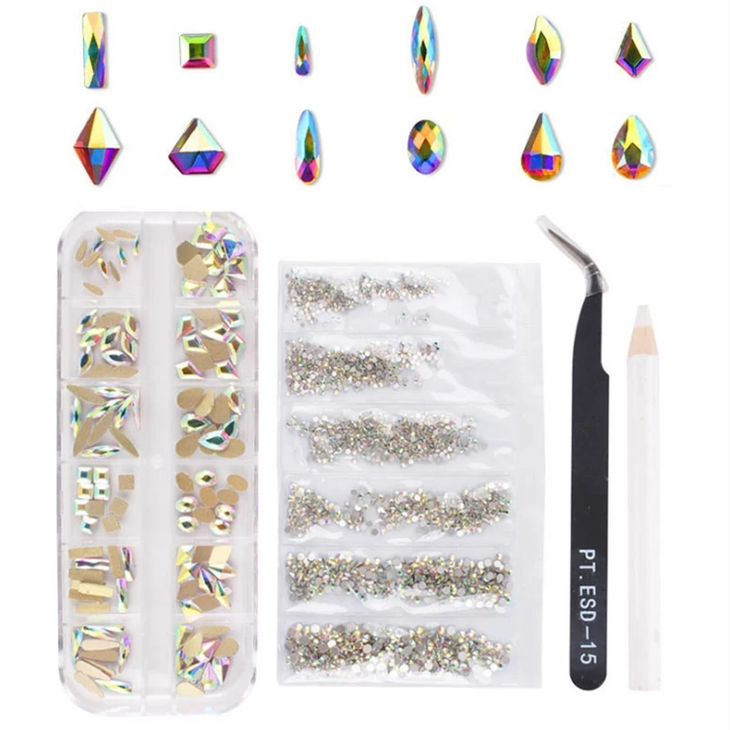 

Набор для дизайна ногтей, Асимметричный Кристалл, бриллианты, круглые стразы, плоское дно, изогнутый черный пинцет, зажим, восковые точечные...