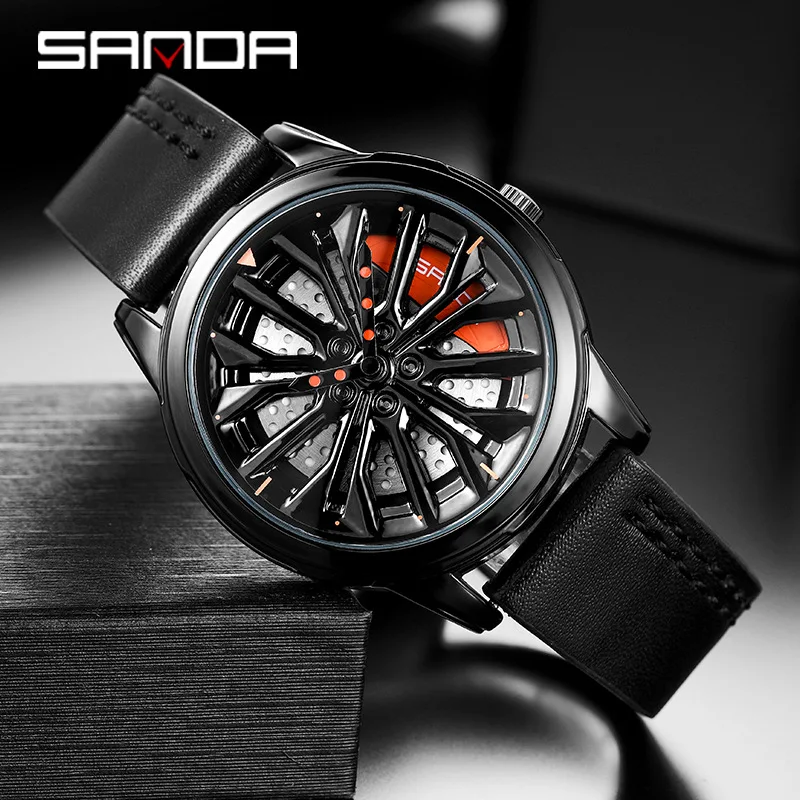 

New Hot Sell Fashion Men Watches Sport Car Wheel Rim Hub Men Quartz Watch Leather Waterproof Creative 360 Degree Rotating Clock