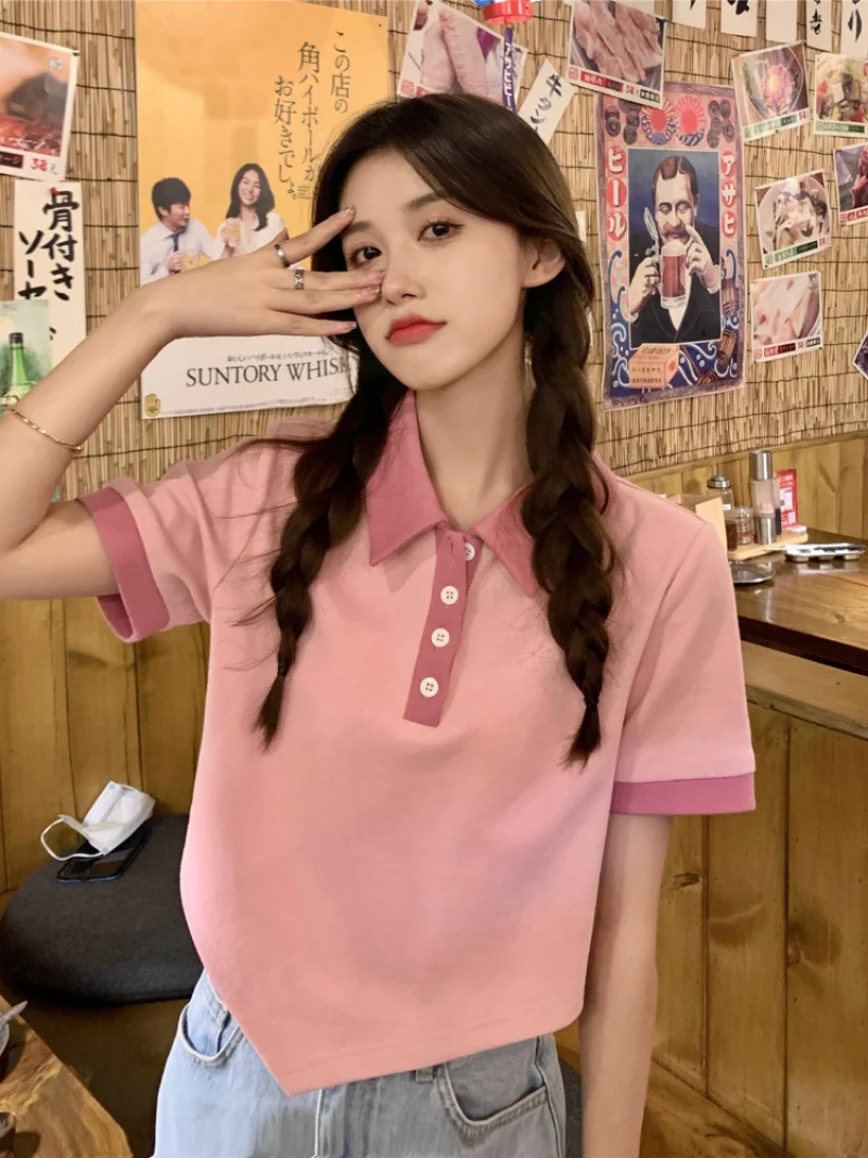 

2021 Korean Summer Collared POLO Shirt Women's Design Sense Irregular Hem Short T-shirt Three Colors Women's POLO Shirt