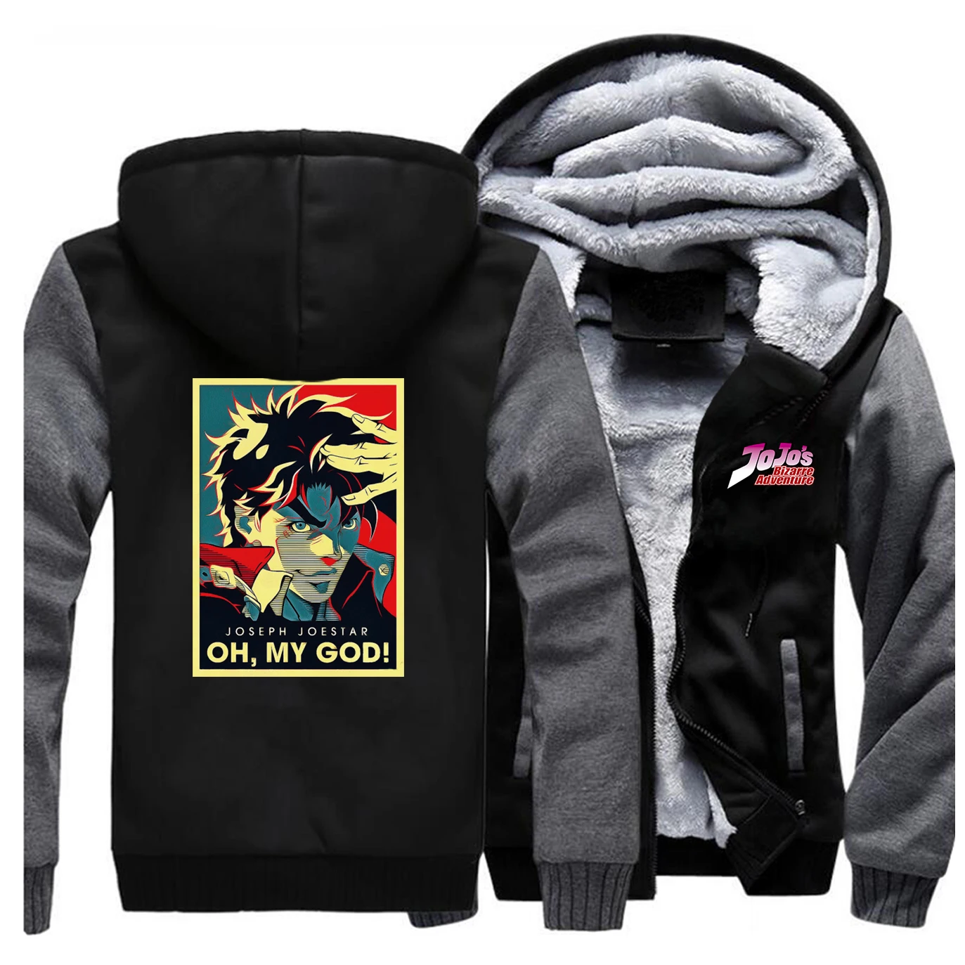 

JOJO Joseph Joestar OH MY GOD Jackets Men Jojos Bizarre Adventure Hoodies Winter Thick Zipper Fleece Warm Coat Jacket Sportswear