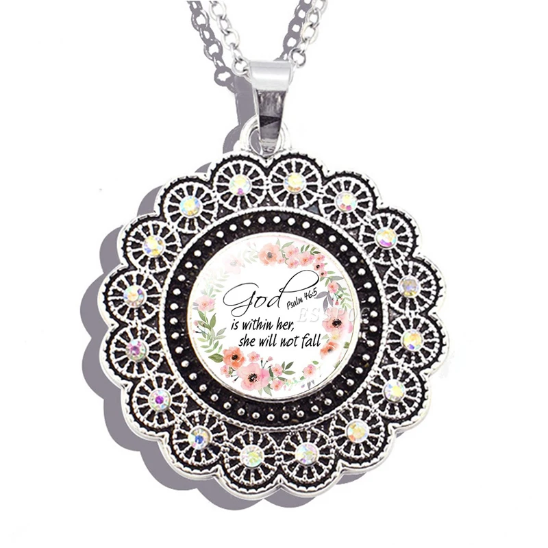 

Bible Verse Necklace Rhinestone Flower Shape Pendant Christian Faith Necklace Women Fashion Scripture Jewelry Gift
