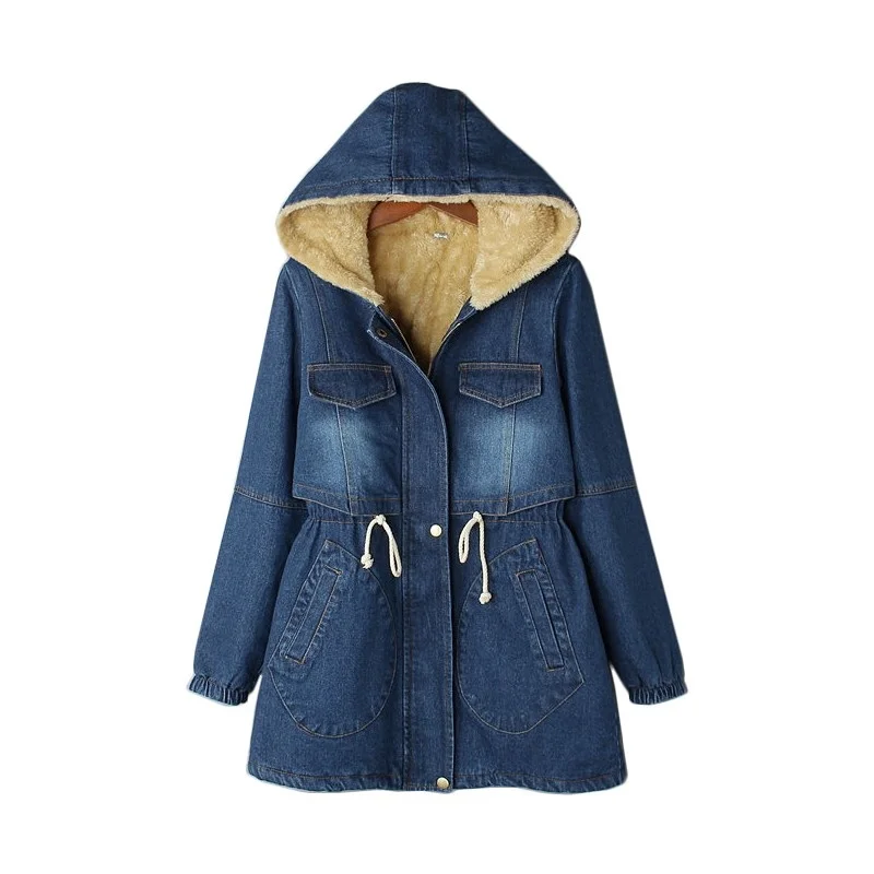 

Winter New Fashion Fur Collar Hooded Indie Folk Zipper Denim Jean Coats Female Parkas Sashes Slim Fit Large Size Long Thick Warm