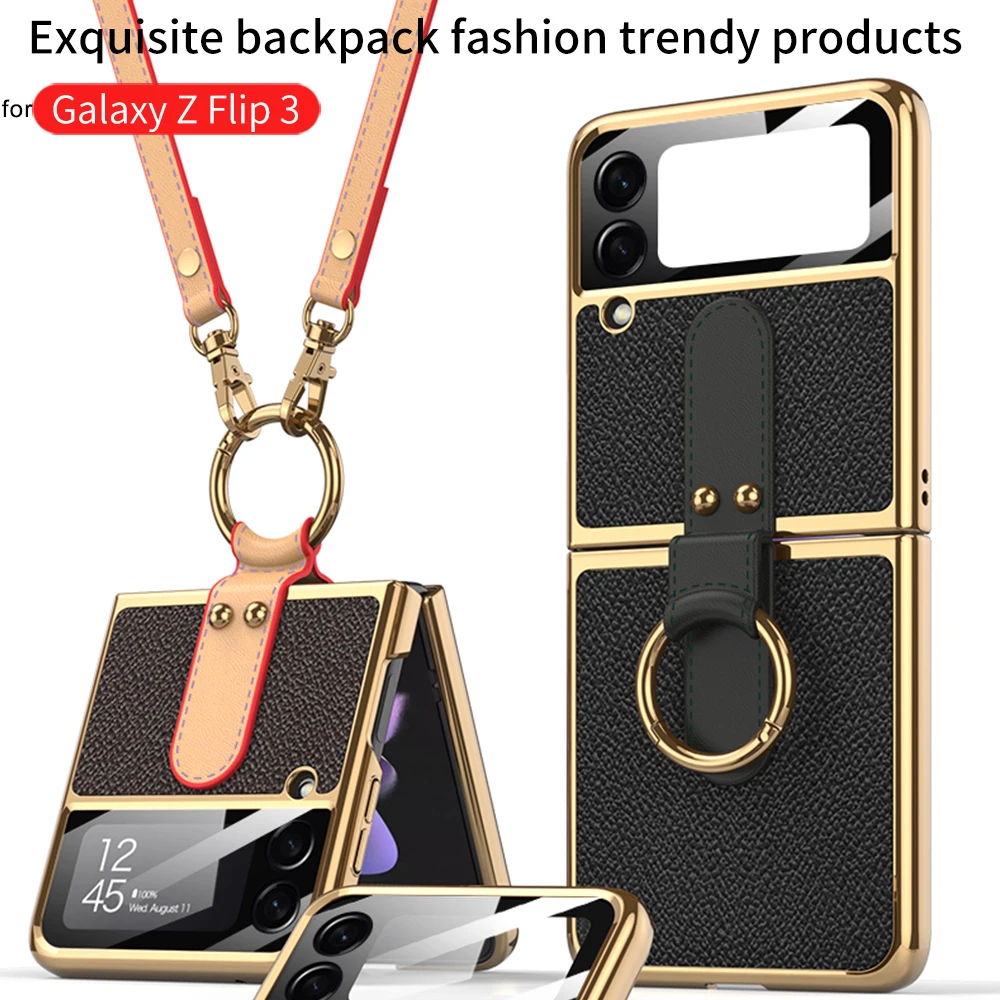

Luxury Leather Phone Case Ring Holder Bracket For Samsung Galaxy Z Flip 3 5G Plating Hard Protective Cover with Shoulder Strap