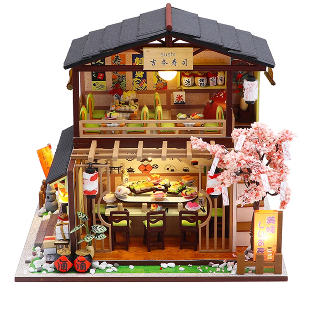 

LED 3D Model DIY Handmade Building Japanese Sushi Restaurant Wooden House Furniture Miniature Assembly Children Dollhouse Gift