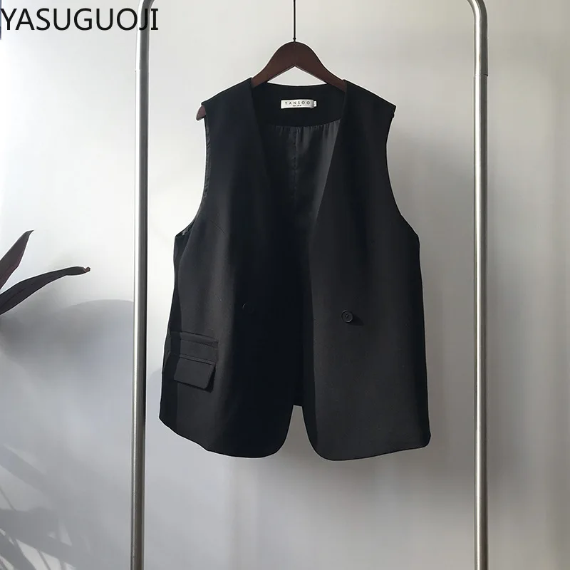 

YASUGUOJI Sleeveless Suit Vest Female 2020 Autumn New Korean Casual Loose One Button Jacket Waistcoat Vest for Woman 6081