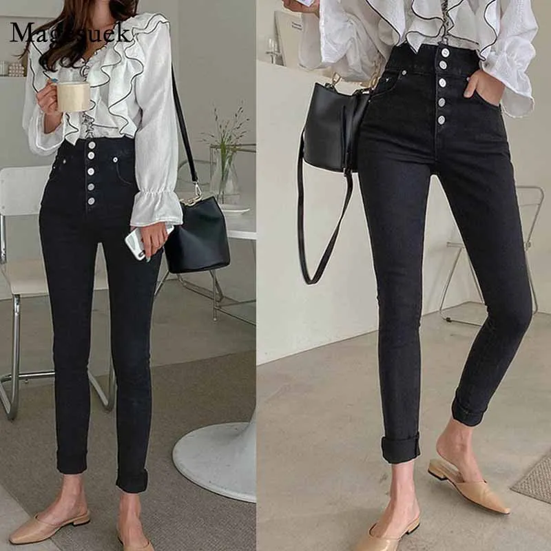 New One-Breasted High-Waist Slim-Looking Skinny Pants Autumn New Black Tight Trousers Jeans Women's Korean-Style Pantalon 11570