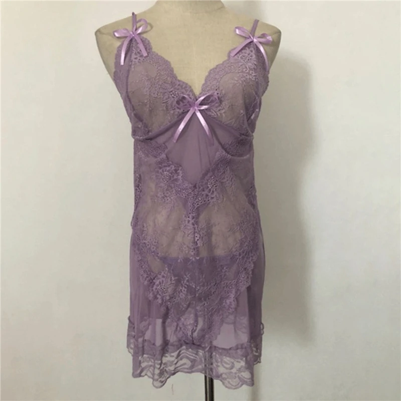 

2021 Women Summer Sexy Lingerie Lace Patchwork Ladies Transparent Nightdress Deep V Neck Sleeveless Backless Lingerie