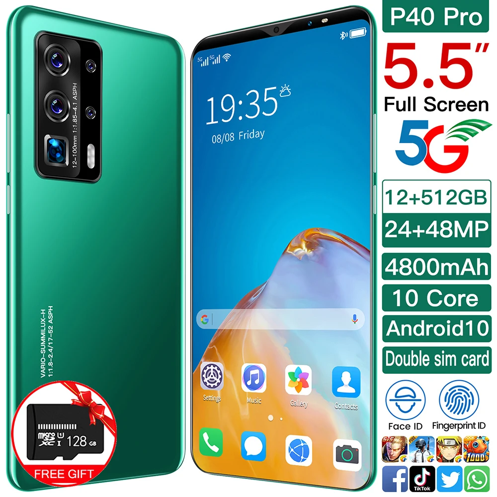 Global Version P40 Pro 5.5 Inch Smartphone 4800mAh Battery 12G+512G Android Phone 5G Network Smartphone Supports Google