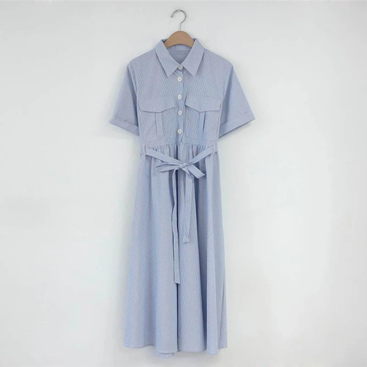 

2020 New Spring Summer Women Dresses High Waist Striped Lace up Bow Casual Single Breasted Fashionable 2 Pockets Dress DR275