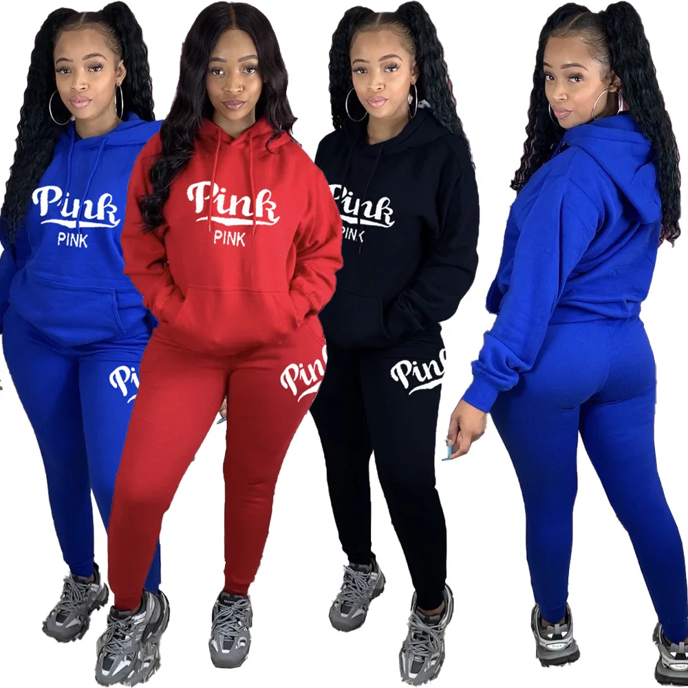 

Pink Letter Print Two Piece Matching Set Women Tracksuit 2020 Autumn Long Sleeve Hooded Sweatshirt Top and Skinny Trouser Outfit