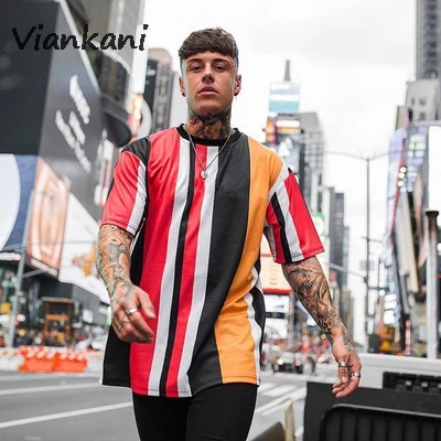 

Mens T-shirt Stripe Casual Bodybuilding Fitness Hip-hop Short-Sleeved T-Shirt Round-Collar Men Tops Summer Streetwear Shirt Male
