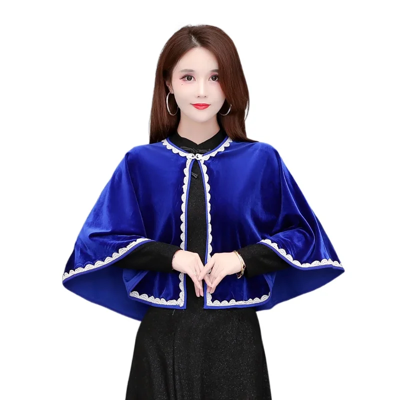 

Lingwave Spring Autumn Ladies Gold Velvet Cheongsam With Shawl Lace Edge All-match Fashionable Cardigan Short Outwear