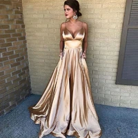champagne long evening dress sexy v neck a line elastic satin vestido de festa spaghetti straps party formal pageant prom gowns