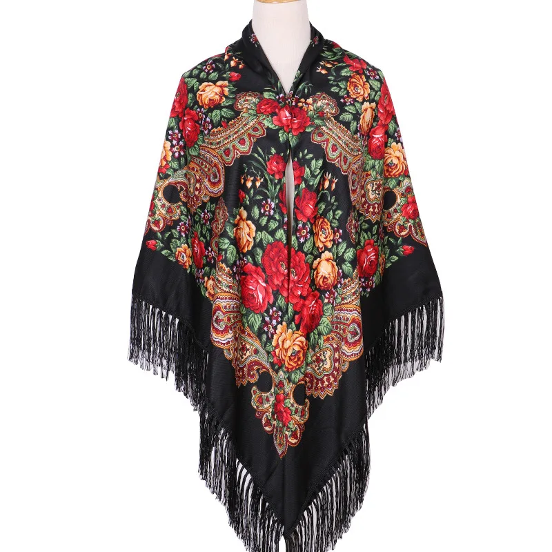 

160*160cm Women Russian Scarf Square Blanket Shawl Ladies Fringed National Scarves Shawls Retro Floral Pattern Headscarf Wraps