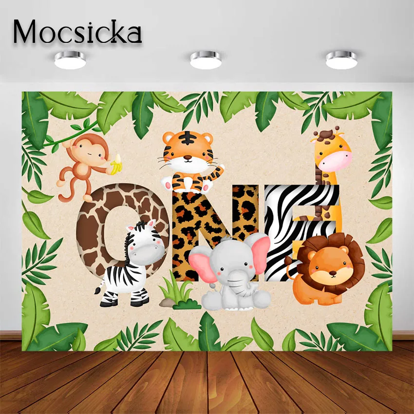 

Mocsicka First One Backdrop Jungle Safari Animals Zoo Green Leaves 1st Birthday Party Background Photoshoot Decoration Banner