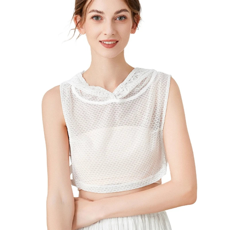 

L5YA Women Hoodies Half Shirt Detachable Hollow Out Honeycomb Mesh Faux Collar Dickey