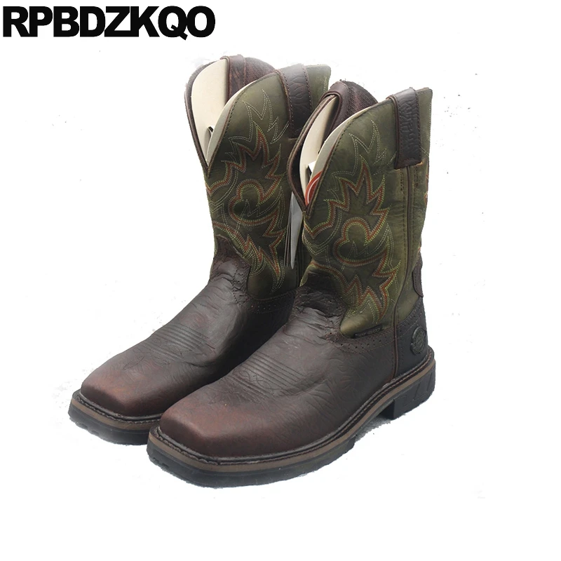 

Boots Cowgirl Tall Designer Shoes Men High Quality Mid Calf Steel Toe Vintage Cowboy Embroidered Slip On Brown Footwear Western