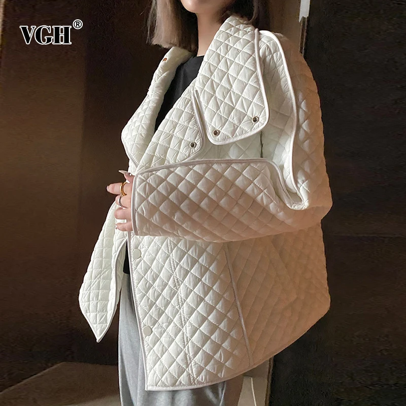 

VGH Casual Loose Solid Minimalist Fashion White Down Coat For Women Stand Collar Long Sleeve Coats Female Style 2021 New Clothes