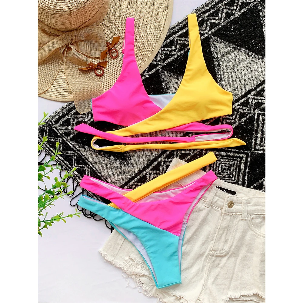 

2021 New Sexy Low Waist Bikini Set Bandage Swimwear Women Solid Strappy Patchwork Swimsuit Beachwear Bathing Suit biquini