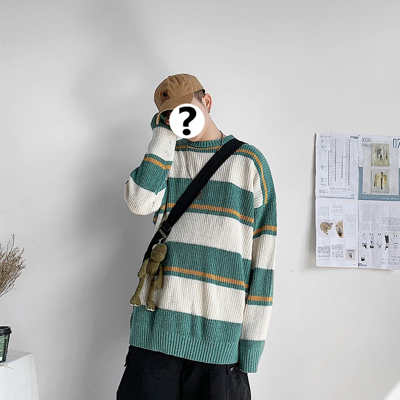 Зимний полосатый свитер мужской теплый модный Контрастный ЦВЕТНОЙ Повседневный