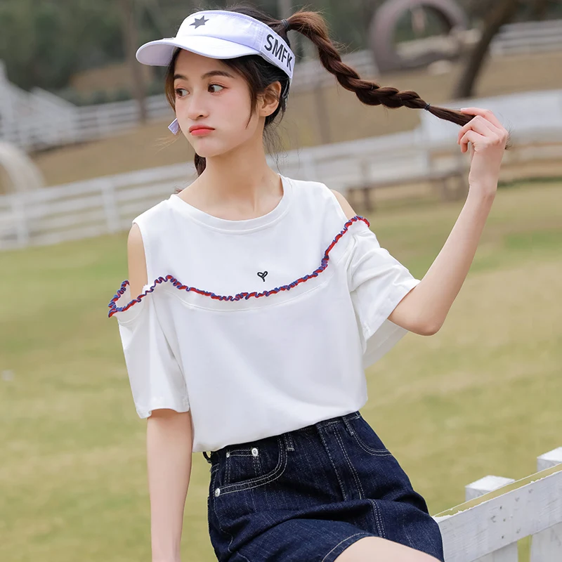 

Шикарная футболка цвета хаки с коротким рукавом, новинка 2021, Женская свободная Студенческая белая хлопковая Футболка с открытыми плечами и ...