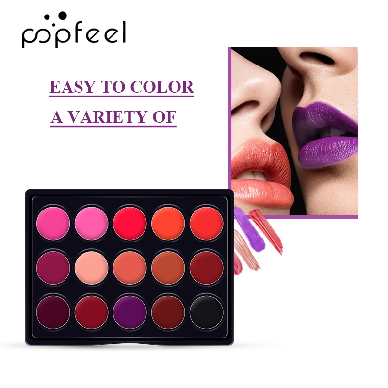 POPFEEL, 15 цветов, набор для макияжа, бархатный блеск для губ+ Губная Палетка с кистью, стойкая матовая губная помада, антипригарная чашка, губная помада, косметика, 50 г