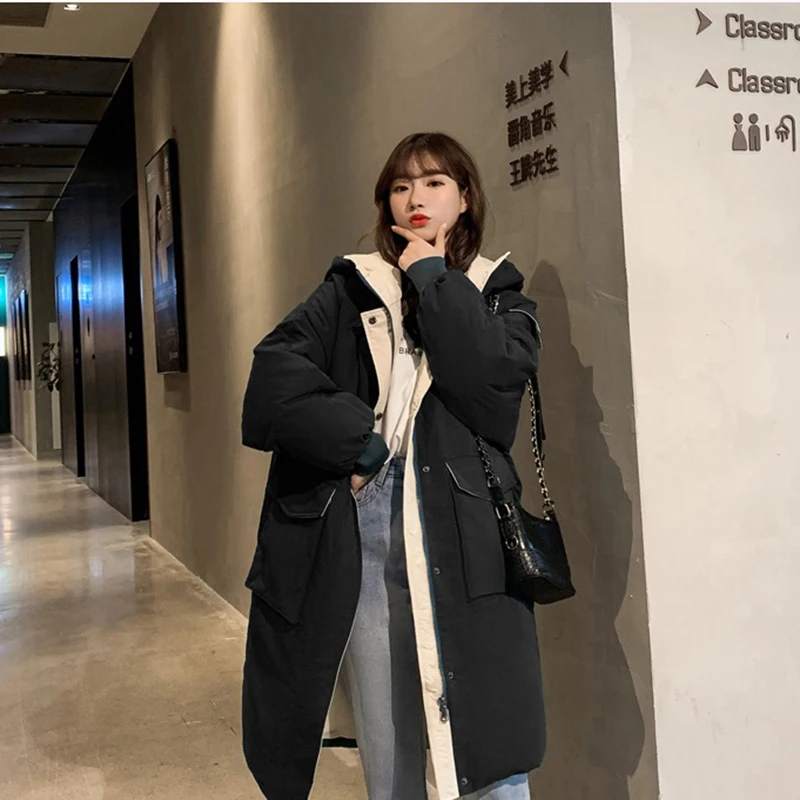 

Women Winter Down Padded Jacket New Loose plus Velvet padded Coat Mid-length loose Hooded Overcoat Large size Woman Parkas 112