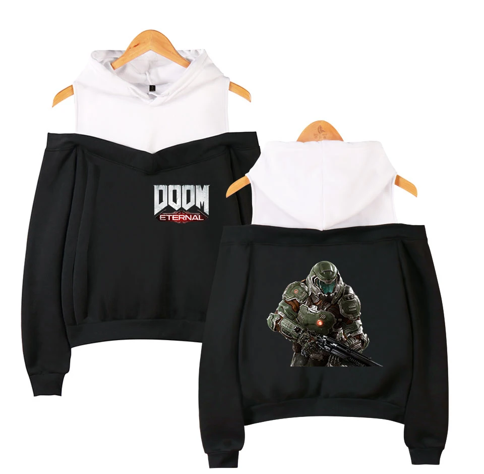 

Doom Eternal Off-the-shoulder hoodie women Sexy New Arrival Cosplay Fans Print Fleece Strapless shoulder Sweatshirt tops