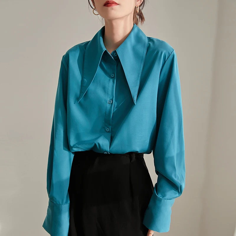 Женская Офисная рубашка с длинным рукавом однотонная белая блузка свободного