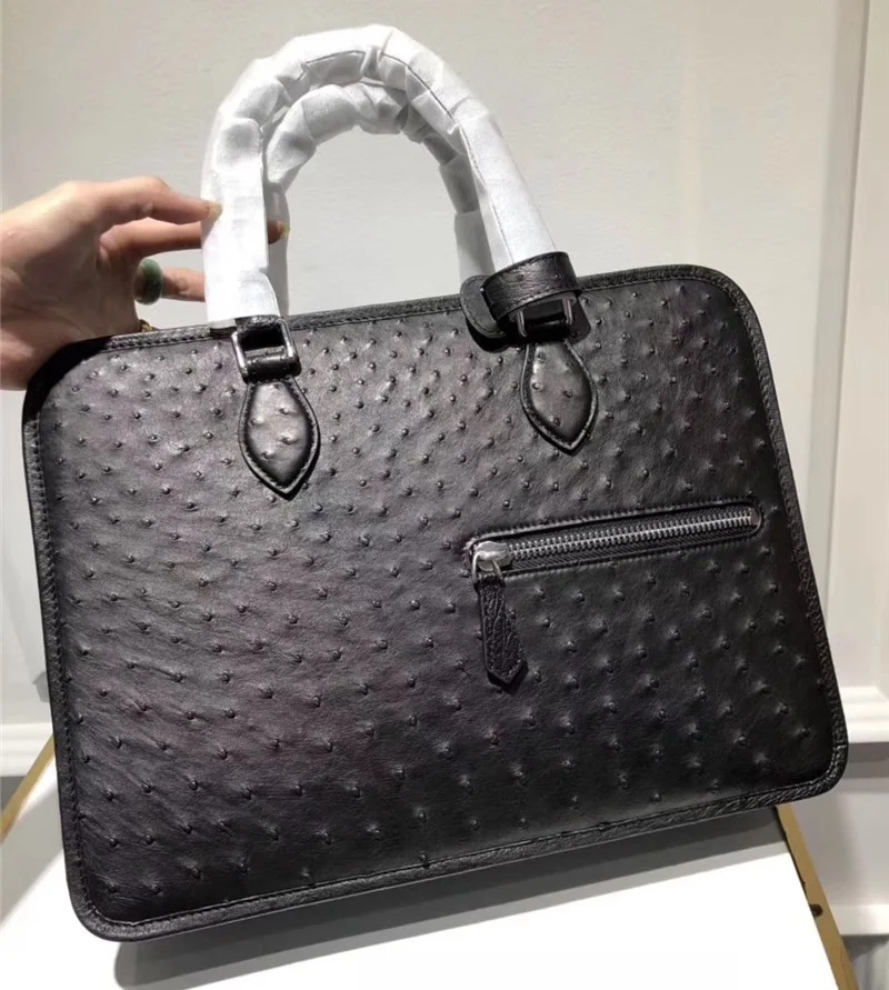 Деловой стиль, натуральная кожа страуса, мужской большой портфель, экзотическая кожа, Мужской рабочий кошелек, сумка для ноутбука, длинный ремень, сумка на плечо