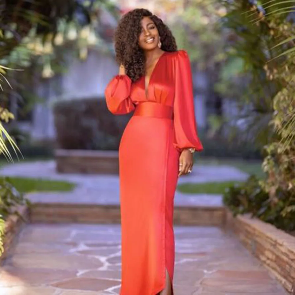 

Женское длинное платье с разрезом, однотонное вечернее платье с длинным рукавом и глубоким V-образным вырезом, Осень-зима