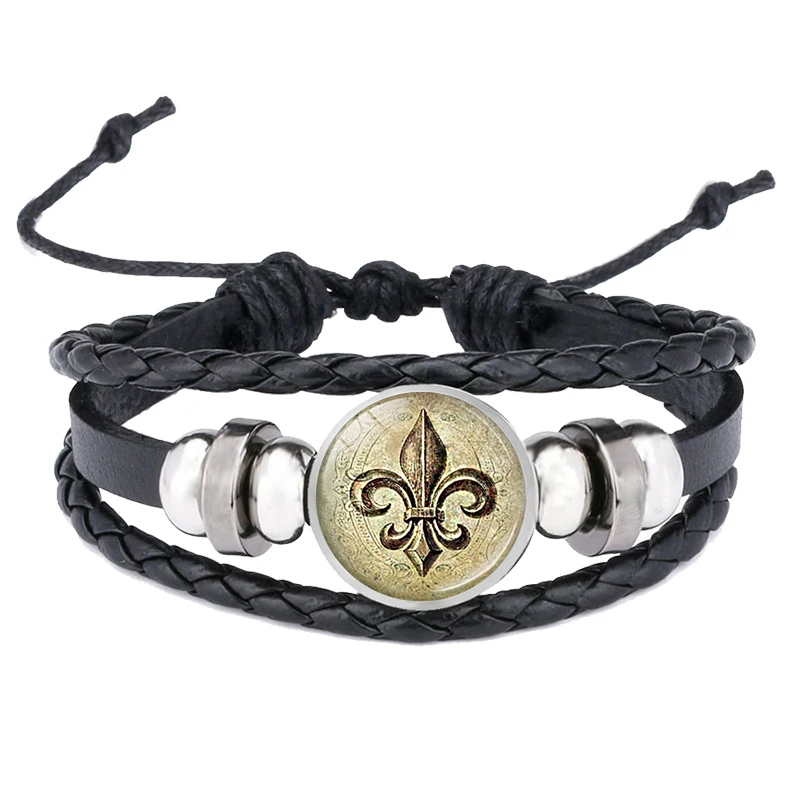 Арт Стекло цветок лилии Браслеты Винтаж Fleur De Lis шпильки браслеты с кабошоном кожа