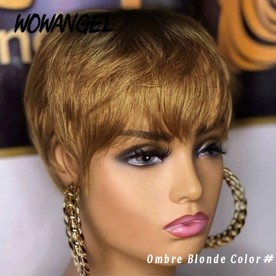 Makine yapımı İnsan saçı peruk 99J bordo Ombre sarışın renkli peruk makinesi yapımı peruk kısa kıvırcık peri kesim peruk siyah Wowan