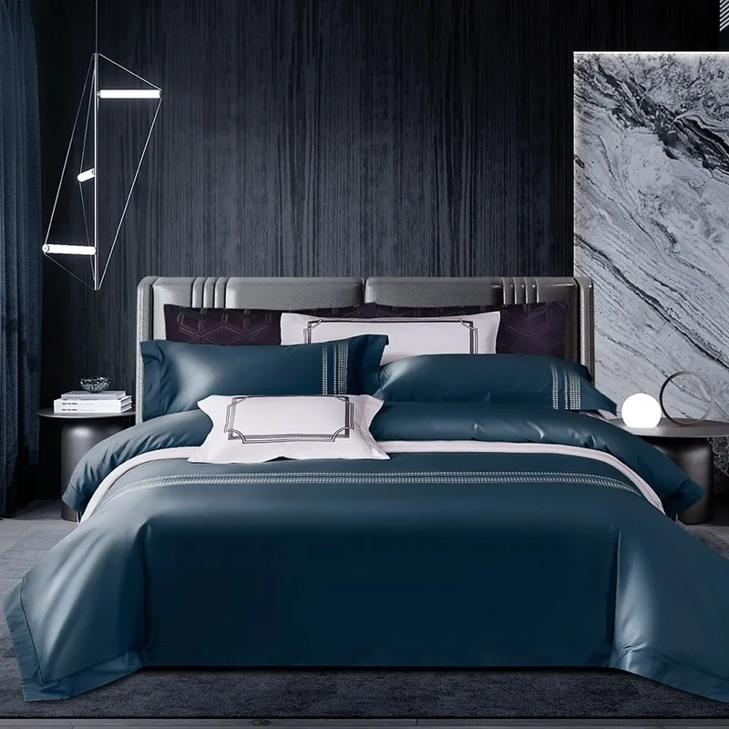 

Luxury 1000TC Egyptian Cotton bedding set simple Embroidery Blue duvet cover super soft flat/fitted sheet pillowcases Queen King