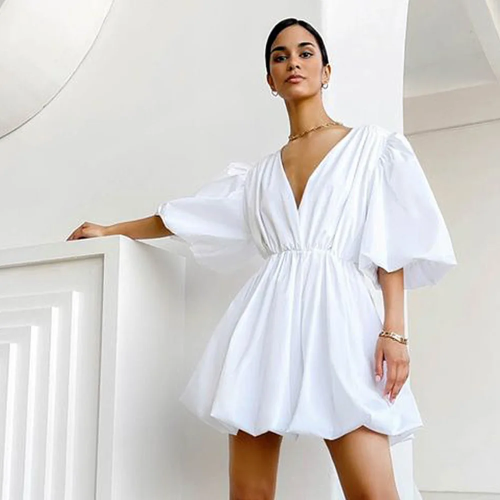 

Donsignet Women Dress Sexy V-Neck Satin Solid Color High Waist White Lantern Sleeve Dress Fashion Party Dress Vesttido Feminino