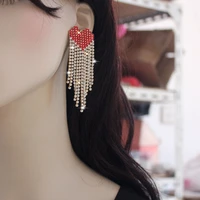 fashionable women shiny rhinestone red heart with chain dangle earrings jewelry maxi ladys statement earrings accessories