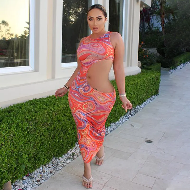 

Summer women's printed side-waisted contrast dress