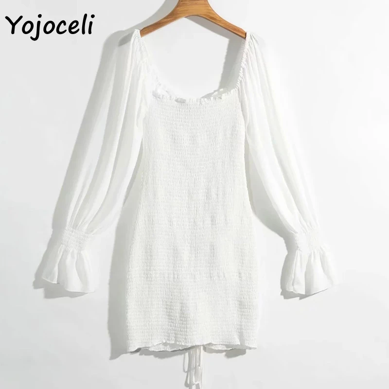 Yojoceli, сексуальное платье с цветочным принтом, гофрированное, женское, квадратный вырез, длинный рукав, тонкое, мини платье, шифоновое платье