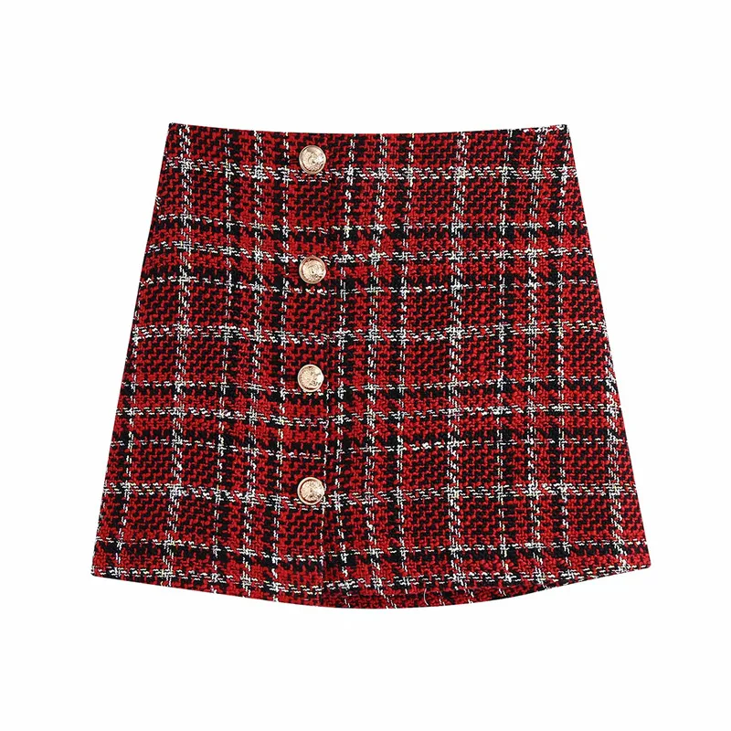 

New 2021 Autumn Fashion Single Breasetd High Waist Za Tweed Red Mini Skirts Chic Lady Plaid A-Line Thick Short Skirt Suits