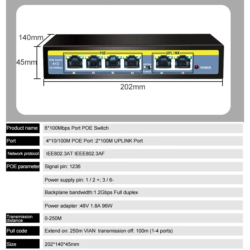 Коммутатор POE 48 В 100 Мбит/с 6 портов IEEE 802 3 af/at|Сетевые коммутаторы| |