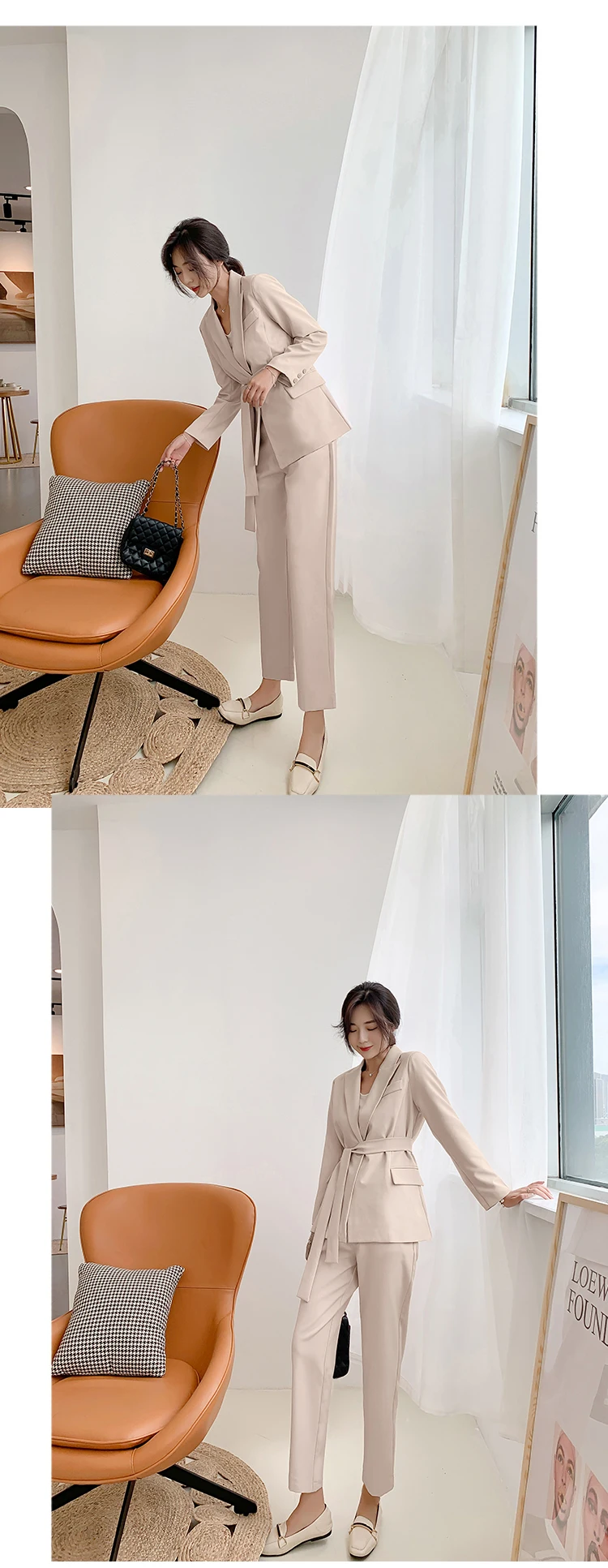 New Arrival Women Notched Long Sleeve Blazer With Belt Straight Long Pants 2 Piece Set Female Caramel Casual Pants Suit S98302F