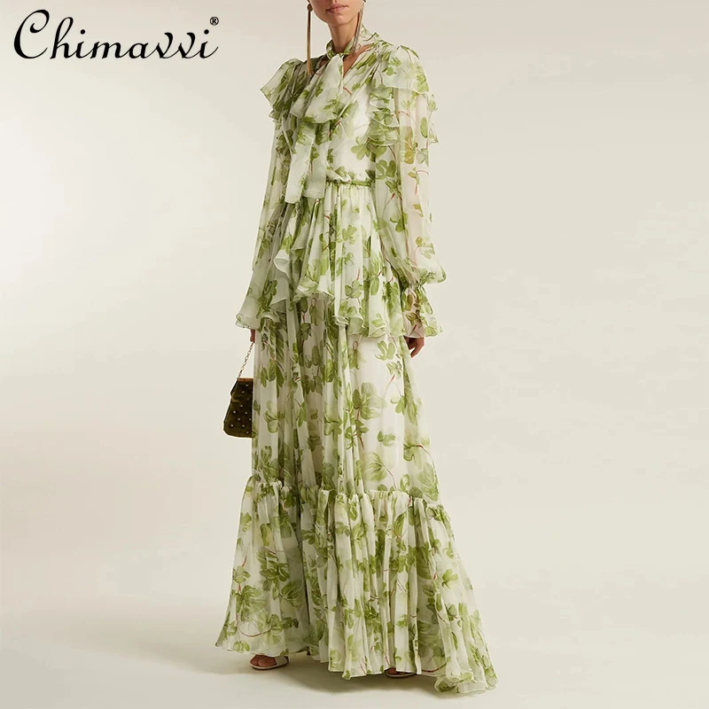 

Fresh Fairy Dress for Women 2021 Summer Ethereal Swing Ruffled Dress High Waist Slim Temperament Chiffon Dress Floor-length